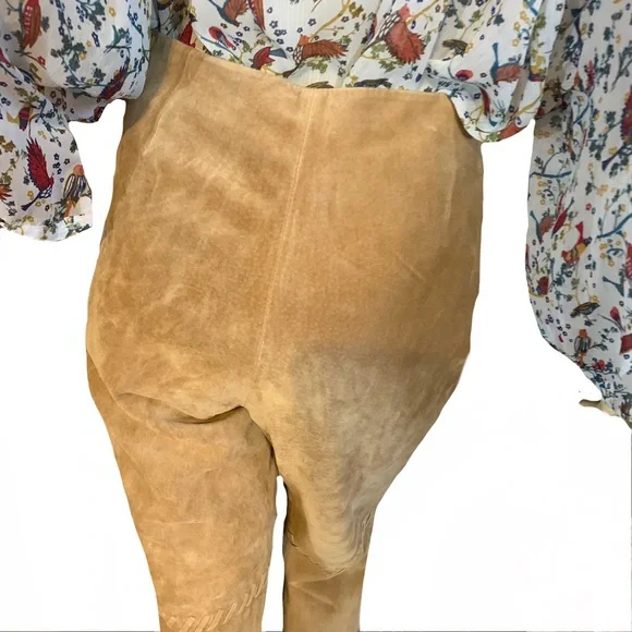 MARGARET GODFREY TAN SUEDE WHIP STITCH W/FLORAL DESIGN FLARE LEG PANTS (10) - Picture 8 of 14